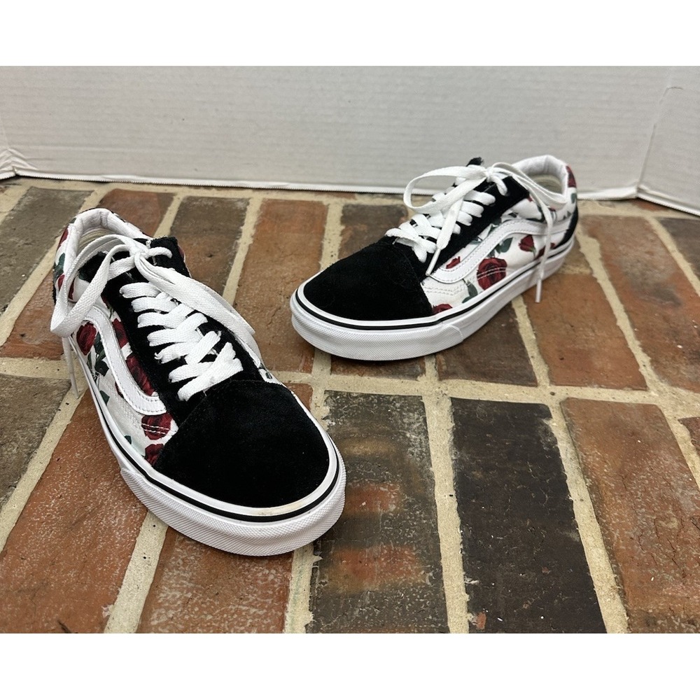 Van Old Skool Red Rose Sneaker Floral Canvas Black Suede Low Top Shoes Women 8.5 - Picture 2 of 8
